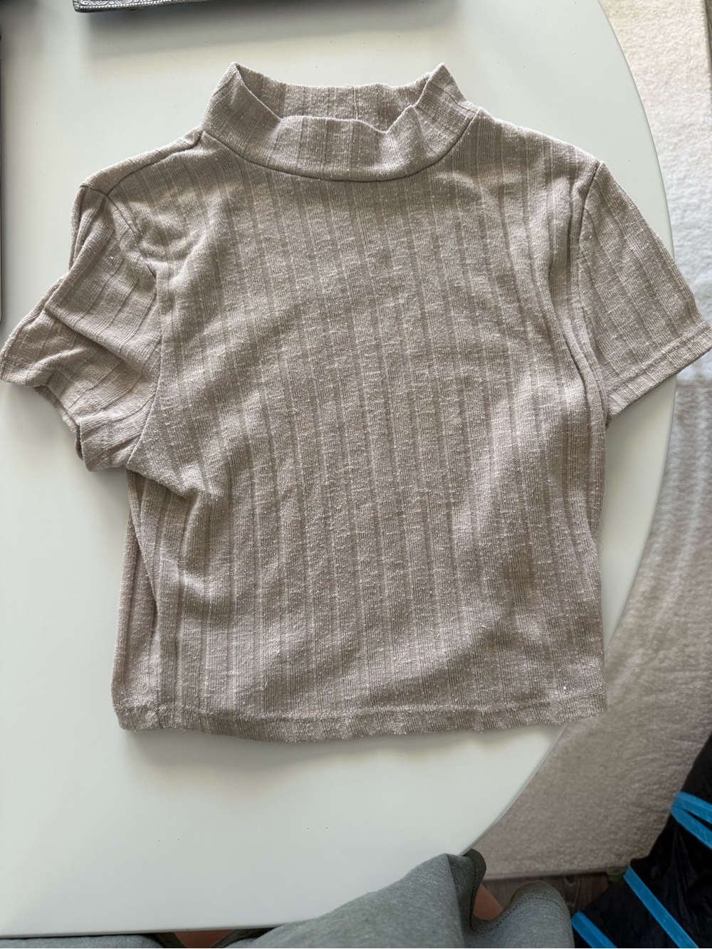 Almost Famous Ribbed Mock Neck Short Sleeve Top - Beige Taupe